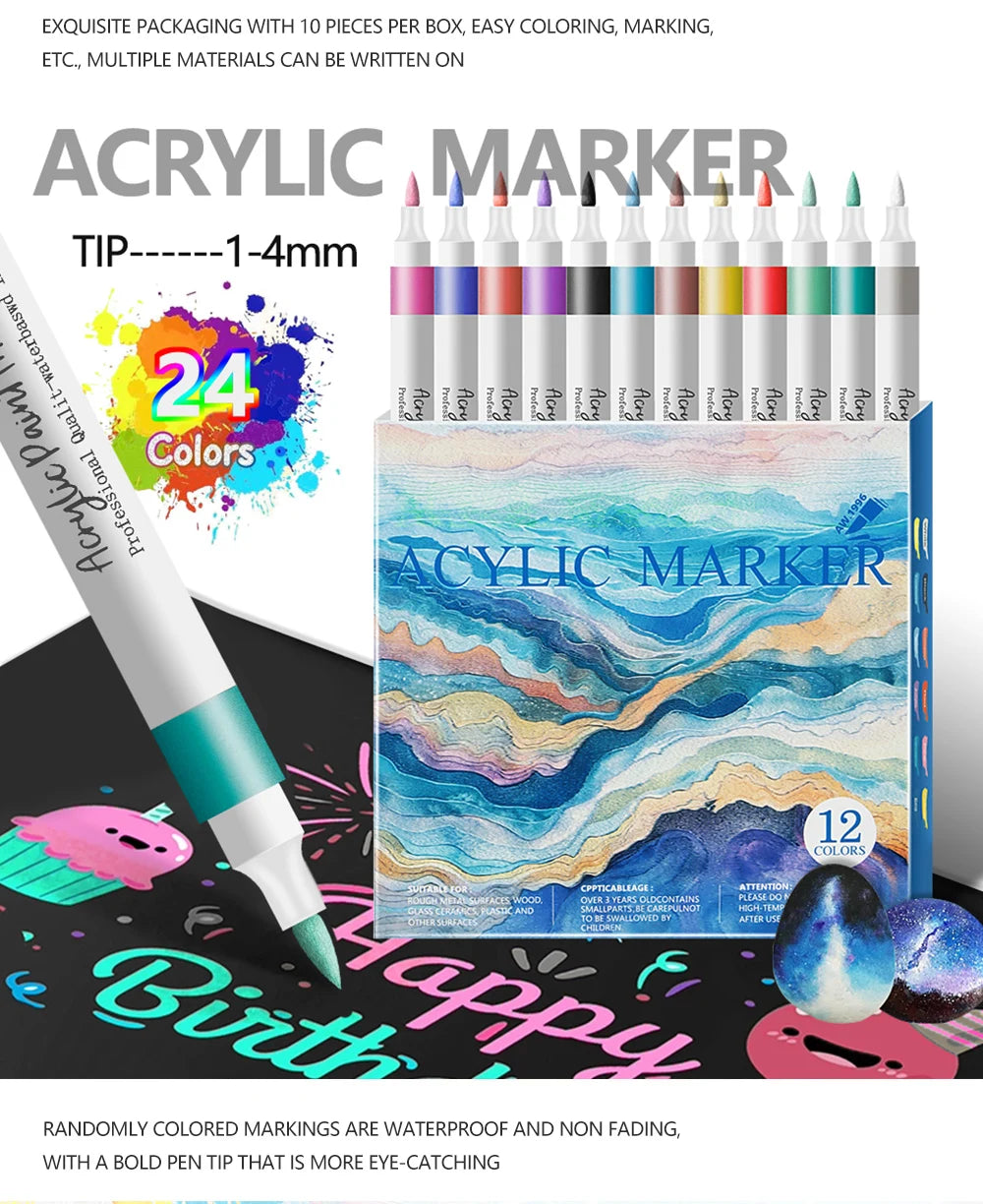 Acrylic Paint Marker Pens – 12/24 Colors, Soft Tip, Waterproof & Opaque