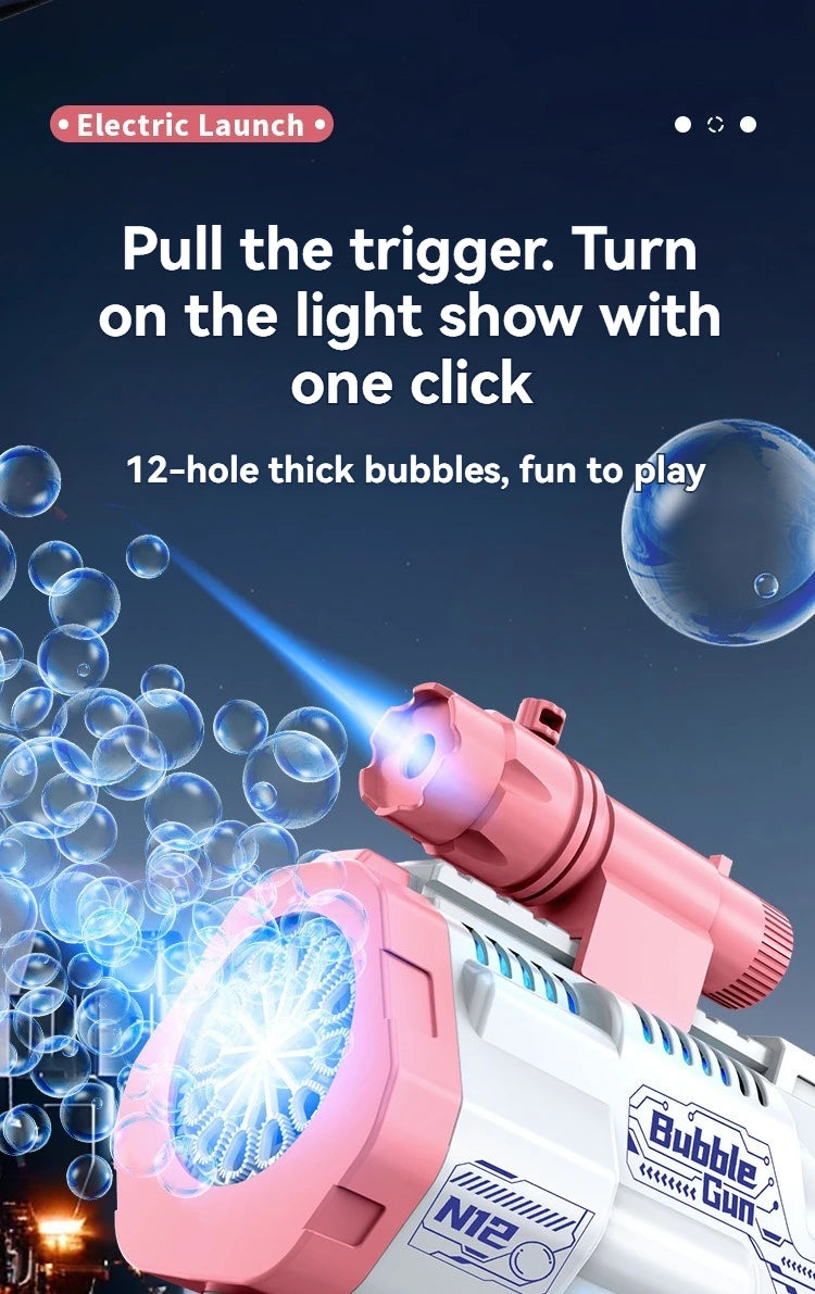 “12-Hole Automatic Bubble Gun – Electric Bubble Blower with Lights for Kids”