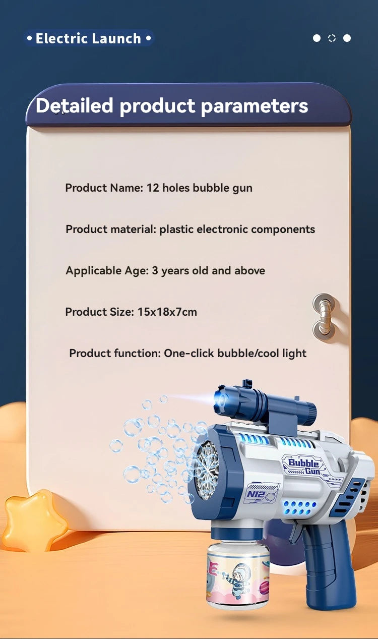 “12-Hole Automatic Bubble Gun – Electric Bubble Blower with Lights for Kids”