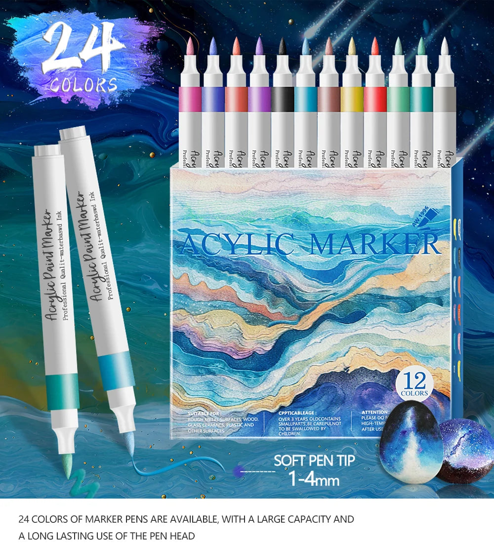 Acrylic Paint Marker Pens – 12/24 Colors, Soft Tip, Waterproof & Opaque