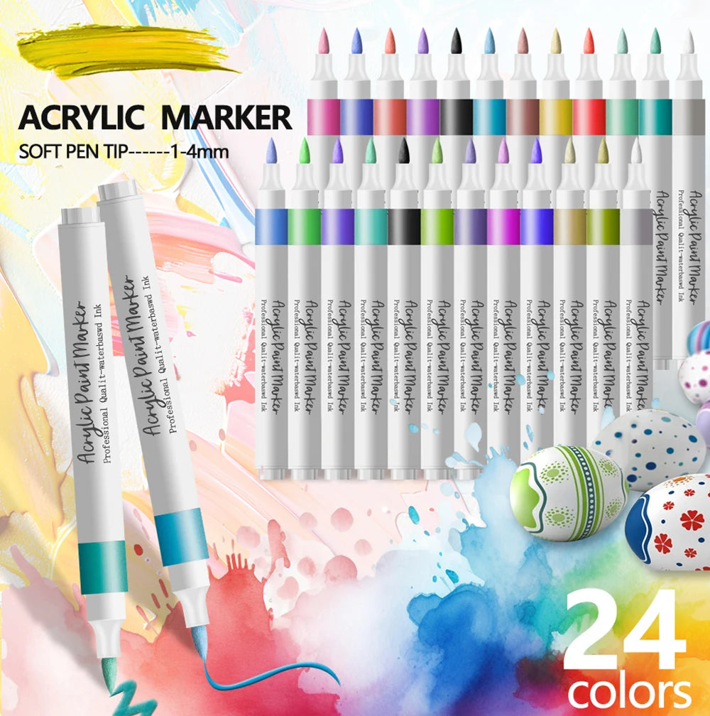 Acrylic Paint Marker Pens – 12/24 Colors, Soft Tip, Waterproof & Opaque