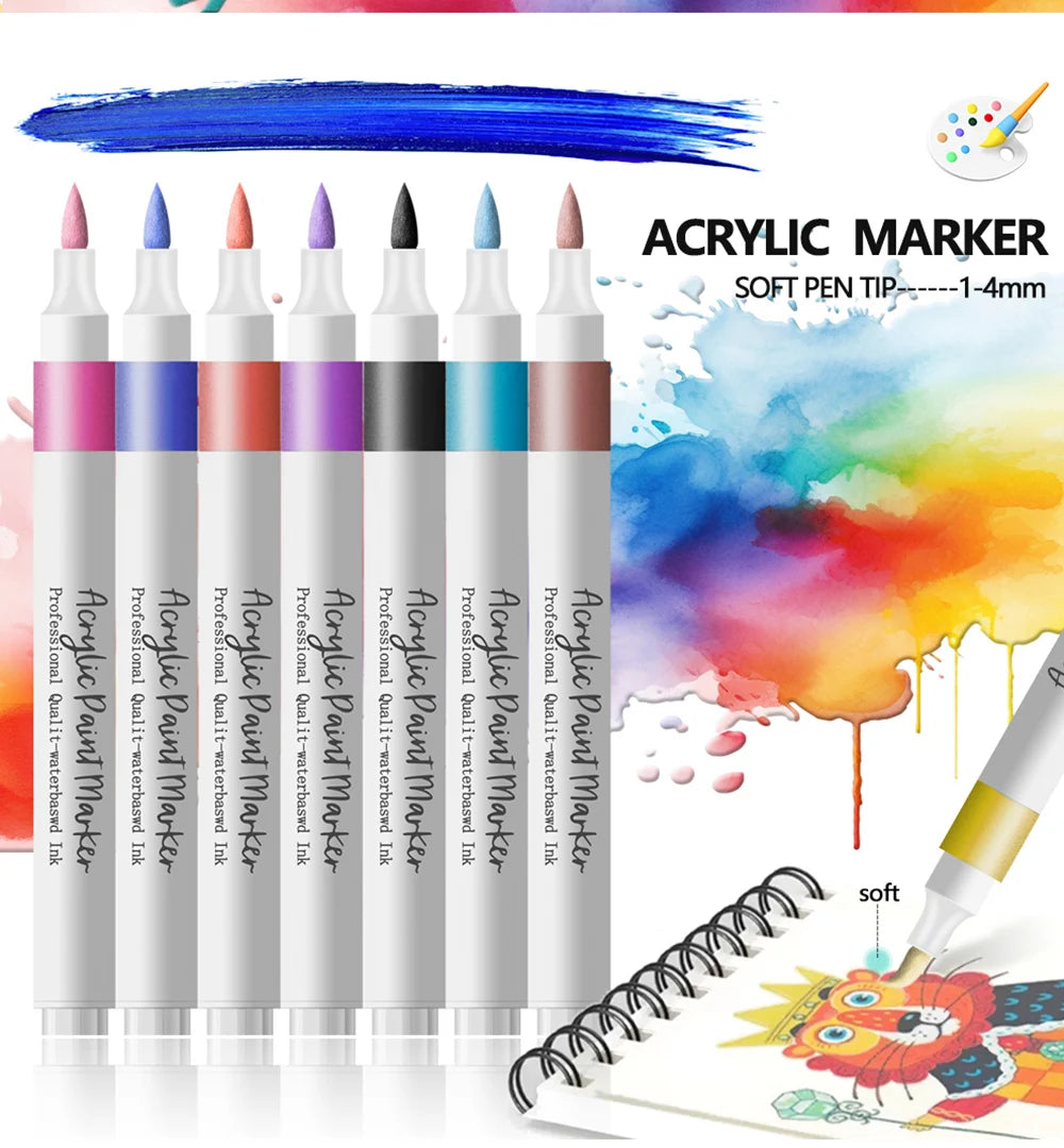 Acrylic Paint Marker Pens – 12/24 Colors, Soft Tip, Waterproof & Opaque