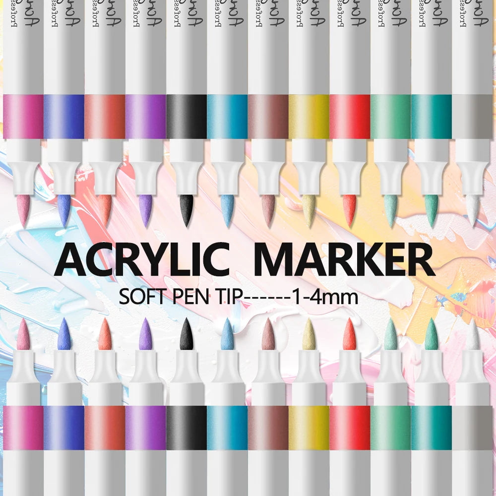 Acrylic Paint Marker Pens – 12/24 Colors, Soft Tip, Waterproof & Opaque