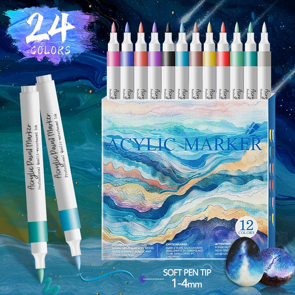 Acrylic Paint Marker Pens – 12/24 Colors, Soft Tip, Waterproof & Opaque