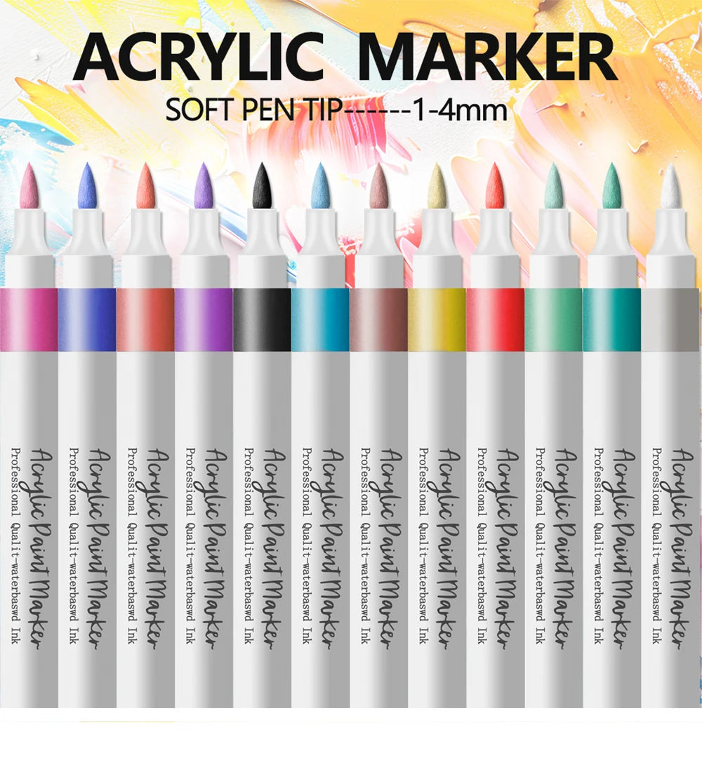 Acrylic Paint Marker Pens – 12/24 Colors, Soft Tip, Waterproof & Opaque