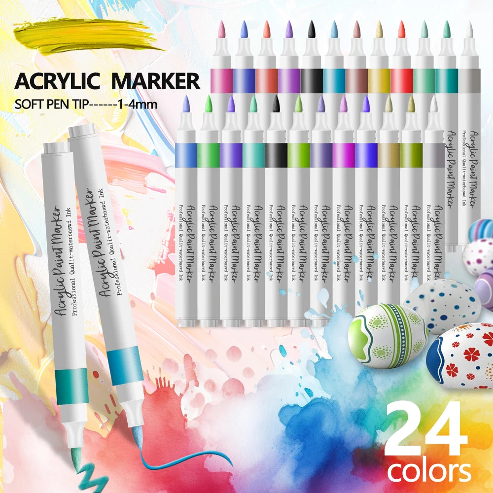 Acrylic Paint Marker Pens – 12/24 Colors, Soft Tip, Waterproof & Opaque
