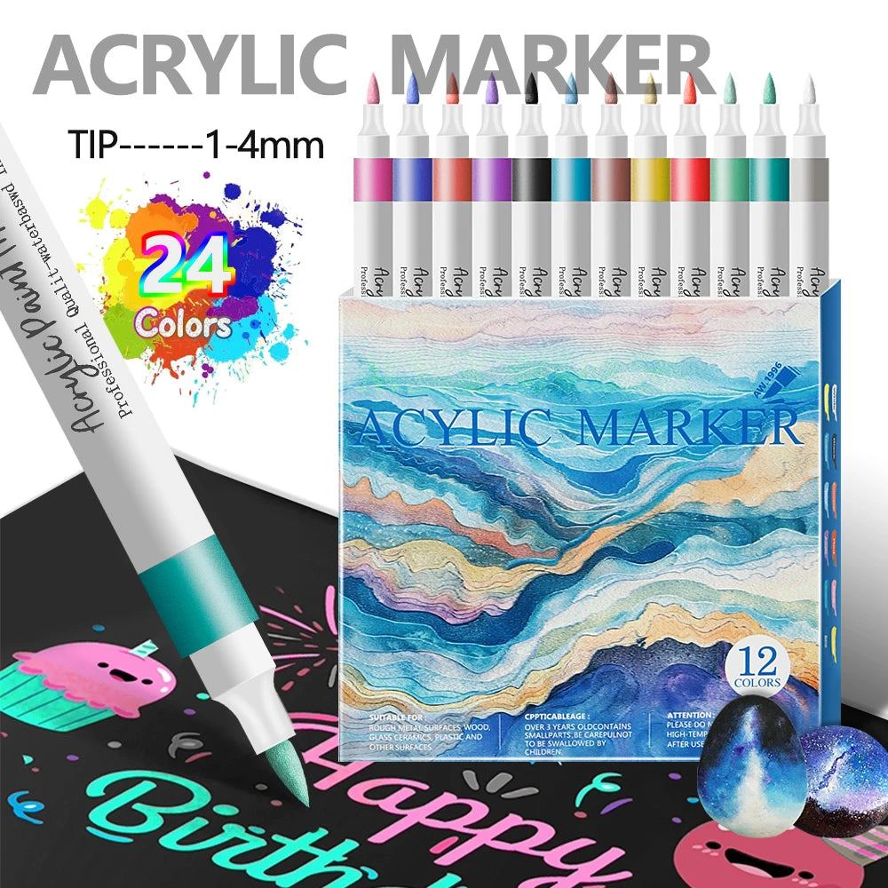Acrylic Paint Marker Pens – 12/24 Colors, Soft Tip, Waterproof & Opaque