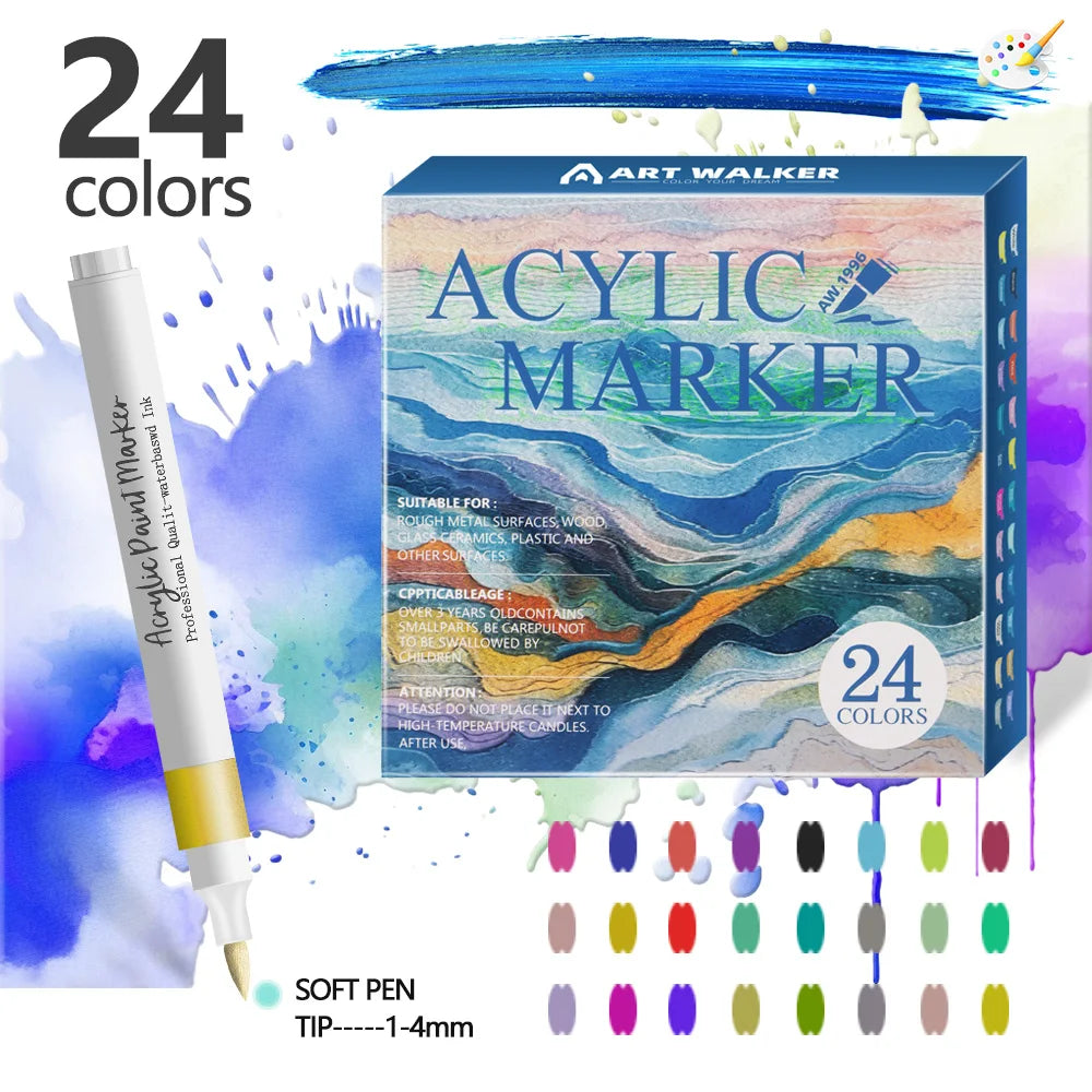 Acrylic Paint Marker Pens – 12/24 Colors, Soft Tip, Waterproof & Opaque