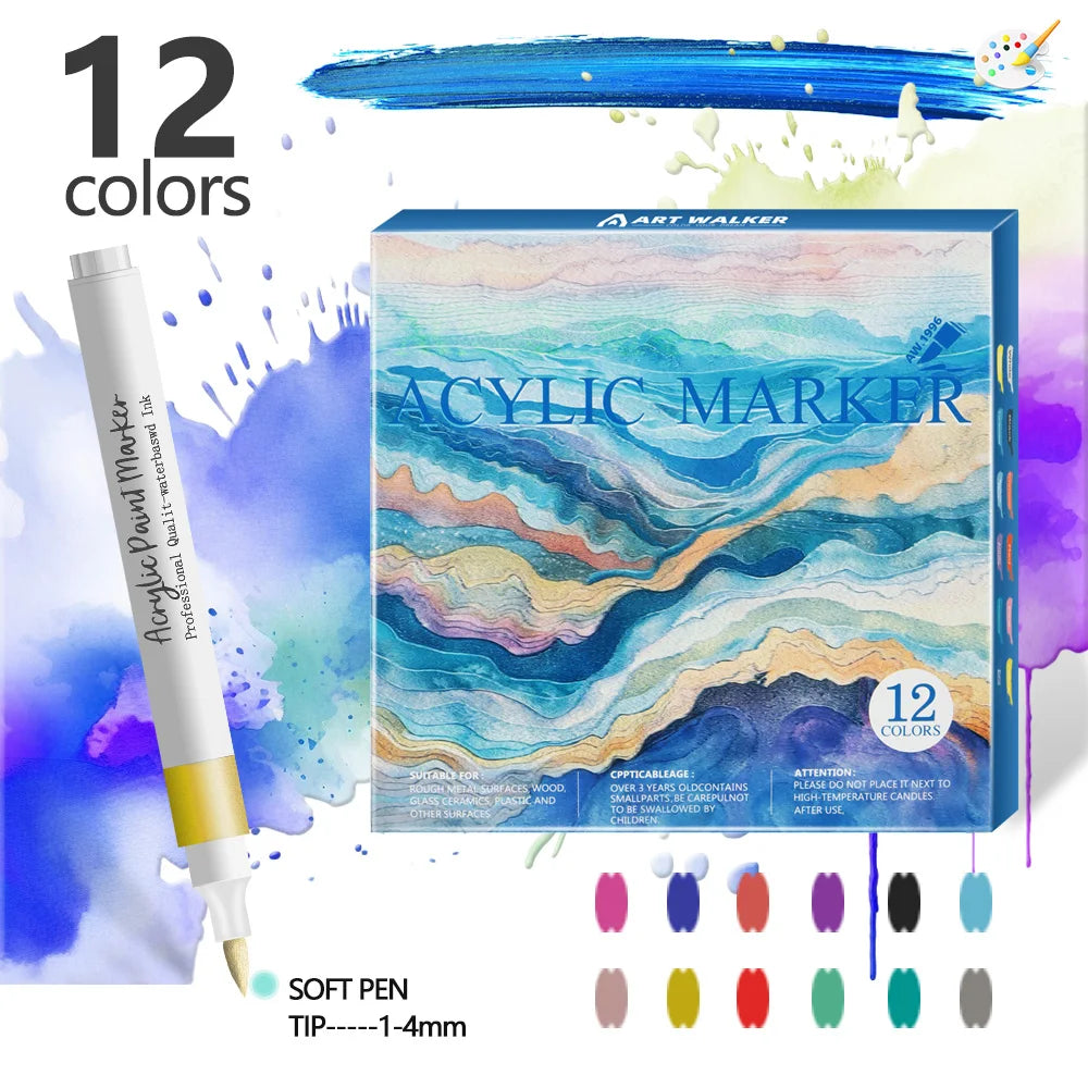 Acrylic Paint Marker Pens – 12/24 Colors, Soft Tip, Waterproof & Opaque