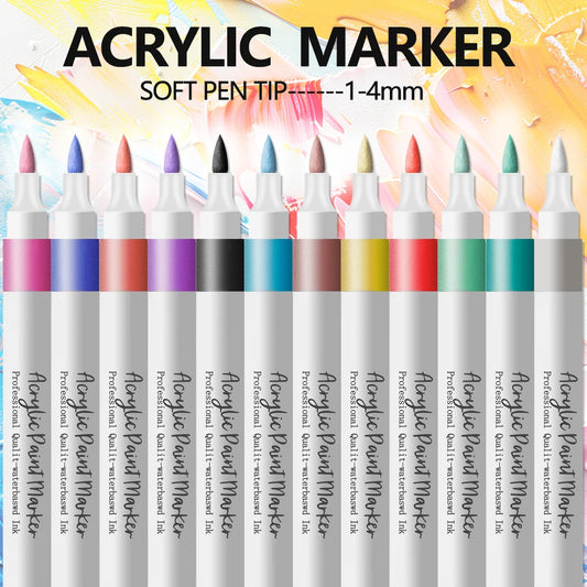 Acrylic Paint Marker Pens – 12/24 Colors, Soft Tip, Waterproof & Opaque