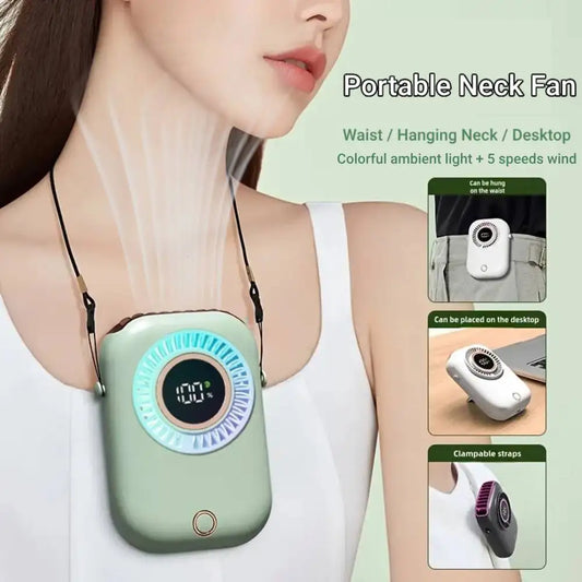 Portable Hanging Neck Fan Mini Digital Display Bladeless Cooling Waist Fans with Colorful Light Rechargeable Sports Cooler Fan