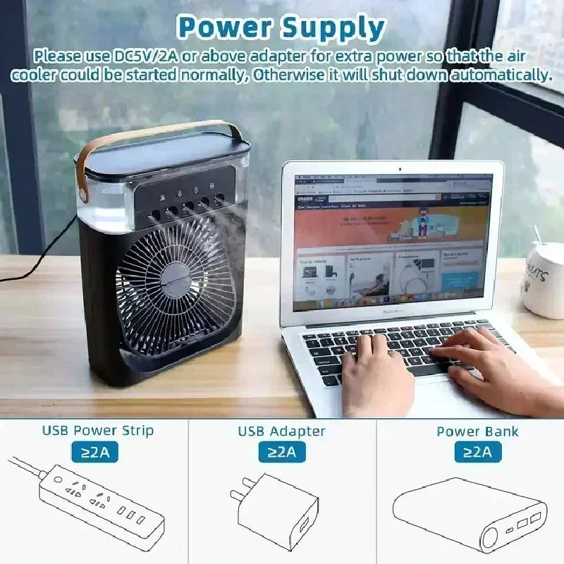 Portable Humidifier Fan 3 in 1 Air Conditioners USB Electric Fan LED Night Light USB 3 Speed Household Small Air Cooler